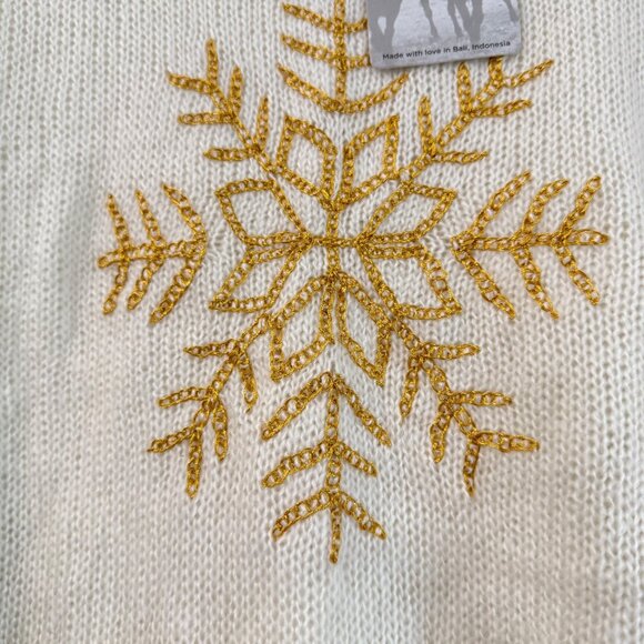 Wooden Ships Metallic Gold Snowflake Crew Lightweight Sweater Womens M/L NEW - Picture 4 of 7